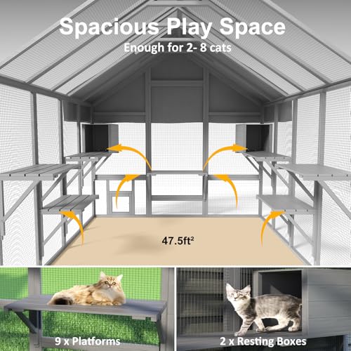 Large Catio Outdoor Cat Enclosure with 7 Platforms, 2 Resting Box and 2 Bridges, 71 x 71 x 97 inch Y9663