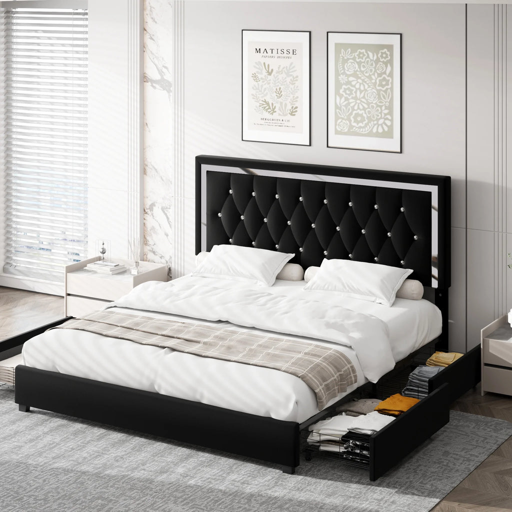 Full Size Storage Bed with 4 Drawers, Black Upholstered Platform Bed Frame with Adjustable Headboard F93927