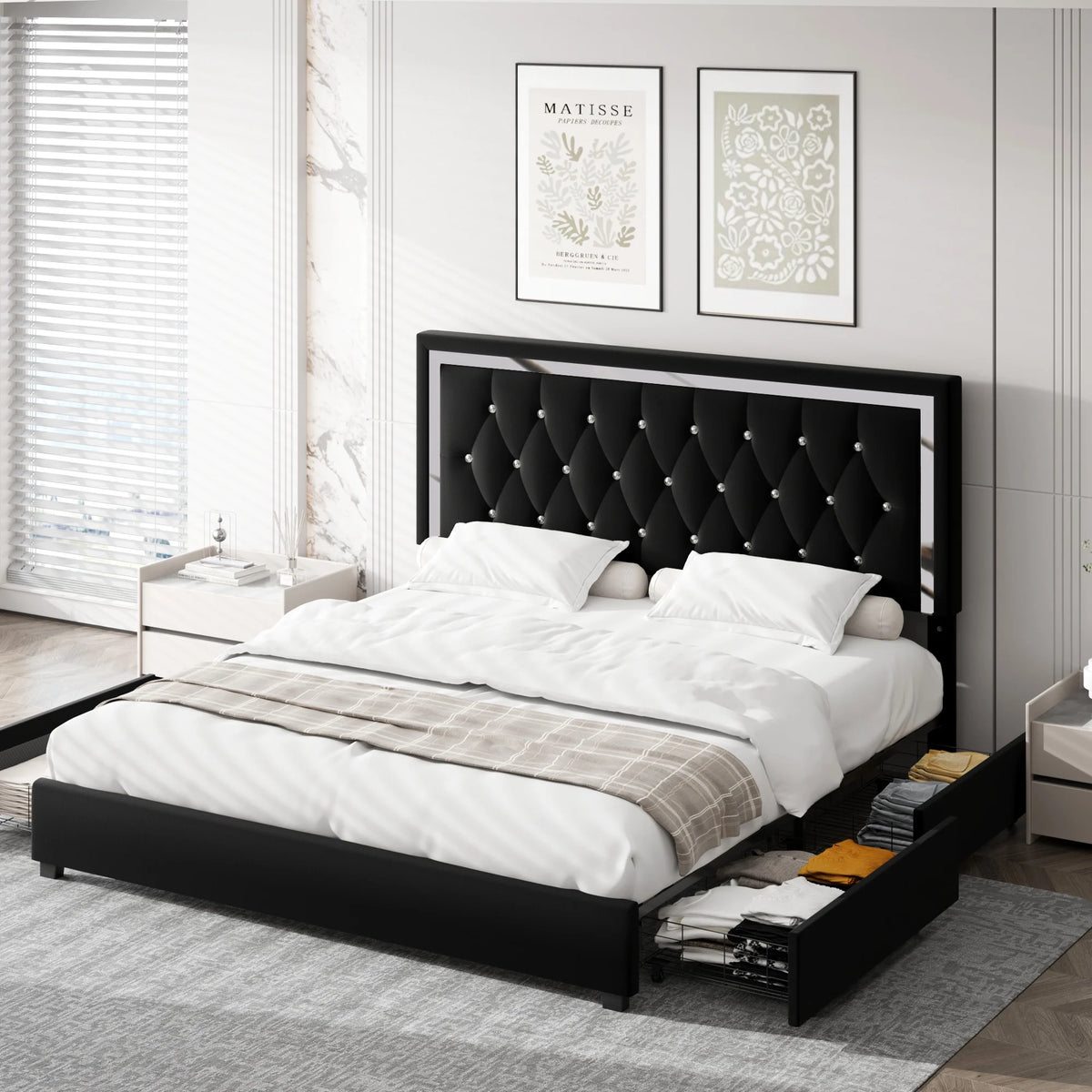 Full Size Storage Bed with 4 Drawers, Black Upholstered Platform Bed Frame with Adjustable Headboard F93927