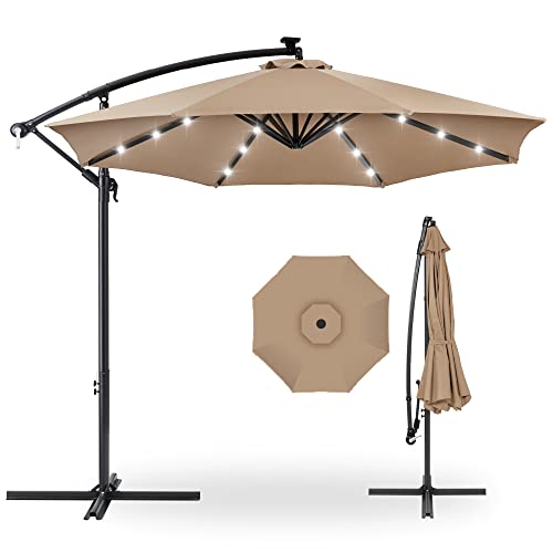 10ft Solar LED Offset Hanging Patio Umbrella with Easy Tilt Adjustment, Polyester Shade, 8 Ribs - Black U544