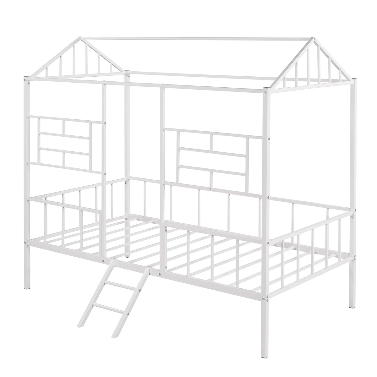 White Twin Size Metal House Bed with Guardrail and Ladder Q284