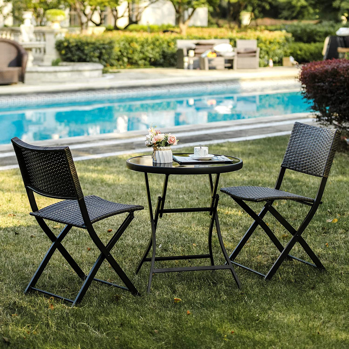 3 Pieces Wicker Patio Bistro Set with Folding Round Table and Chairs U798297