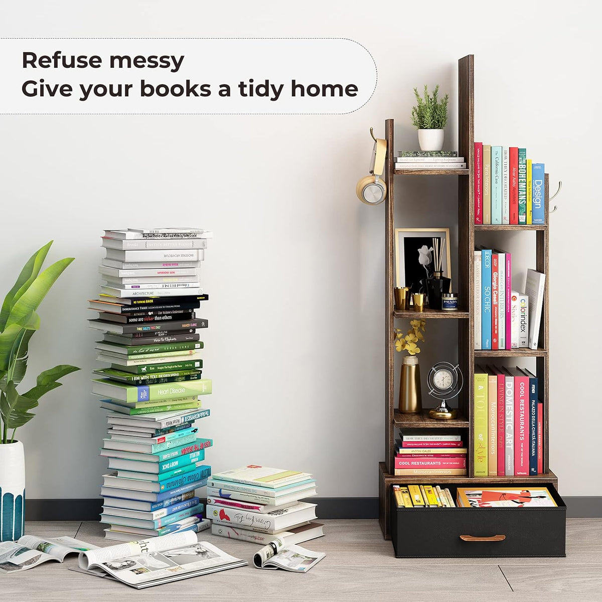 Rustic Brown Wood Bookshelf with Drawer Q895
