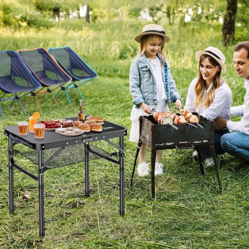 Folding Camping Table with Storage Net, Pure Black Aluminum 2ft Picnic Table 23.2" x 16" Outdoor Table Adjustable Height Max 26.4", Lightweight, Waterproof, Portable Handle for Travel Cooking D501909