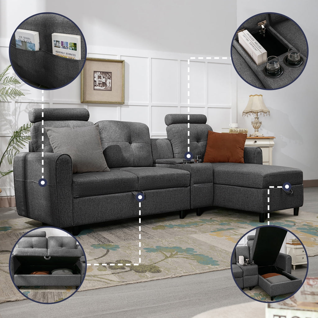 Dark Grey L Shaped Sectional Sofa with Storage Chaise O8313