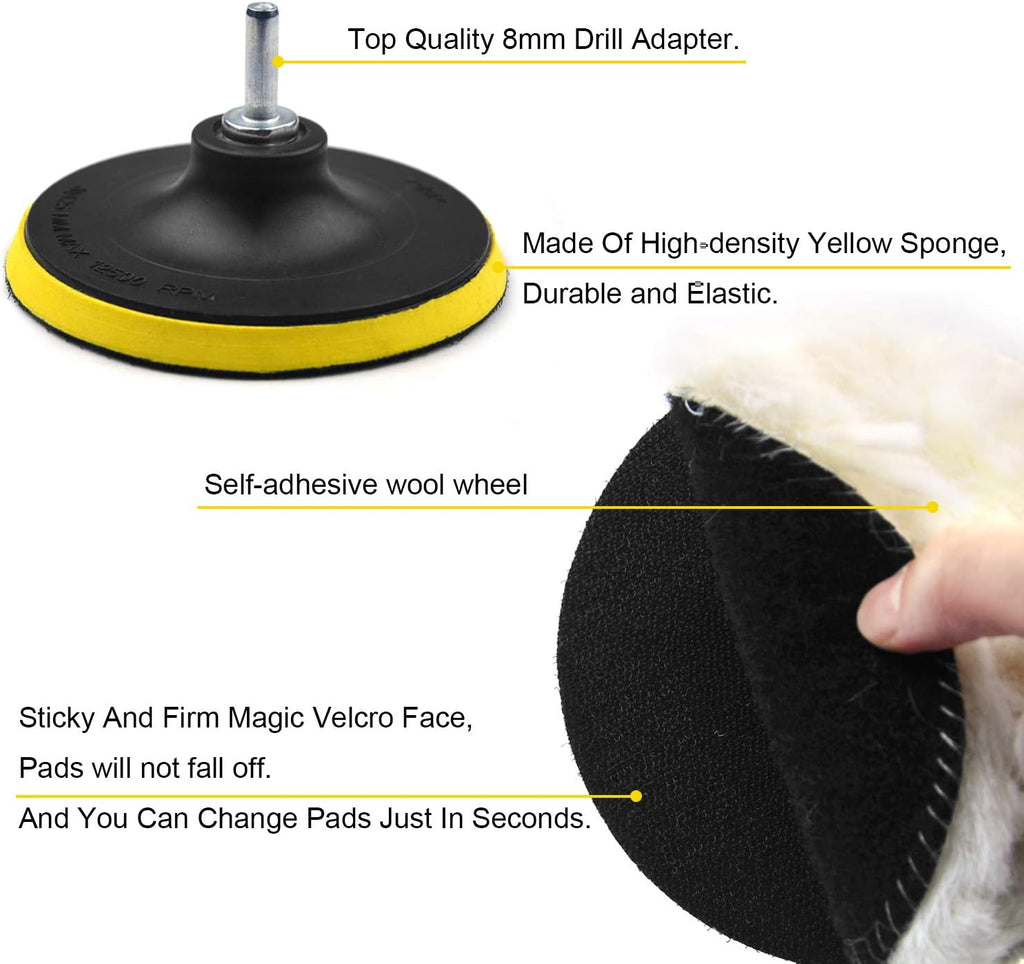 6 Inch 8PCS Wool Buffing Pads Kit with 5/8''-11 Thread Hook & Loop Backer Plate S110585