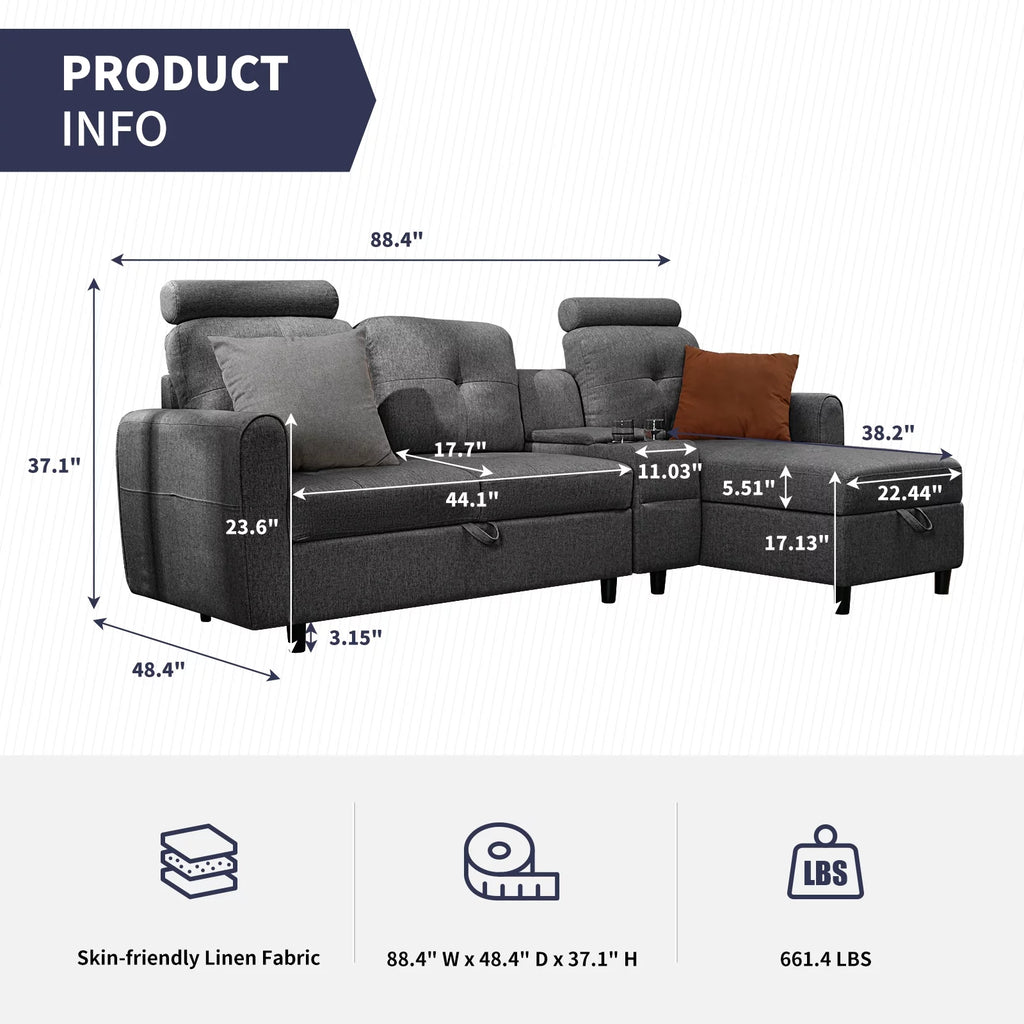 Dark Grey L Shaped Sectional Sofa with Storage Chaise O8313
