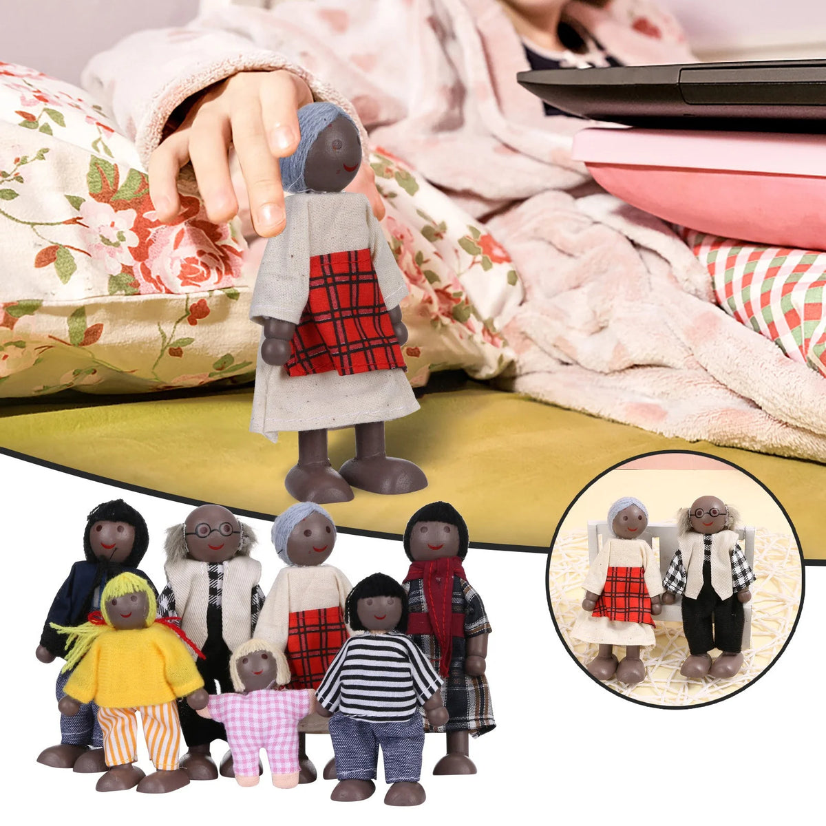 African Dolls Family Playset Wooden Figures Set of 7 F522306