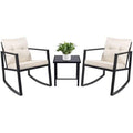 3 Piece Wicker Patio Rocking Bistro Set with Glass Coffee Table (Beige) B419
