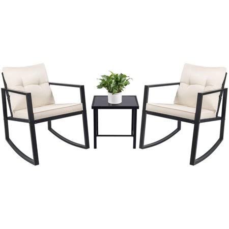 3 Piece Wicker Patio Rocking Bistro Set with Glass Coffee Table (Beige) B419