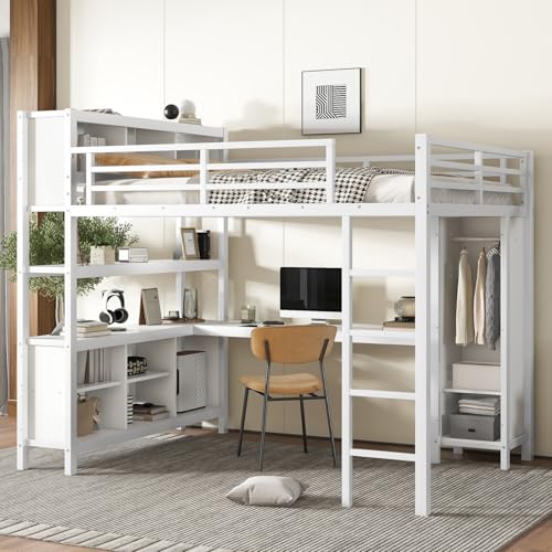 Metal Full Size Loft Bed Frame with L Shaped Desk, Wardrobe, Stairs, Storage J5037