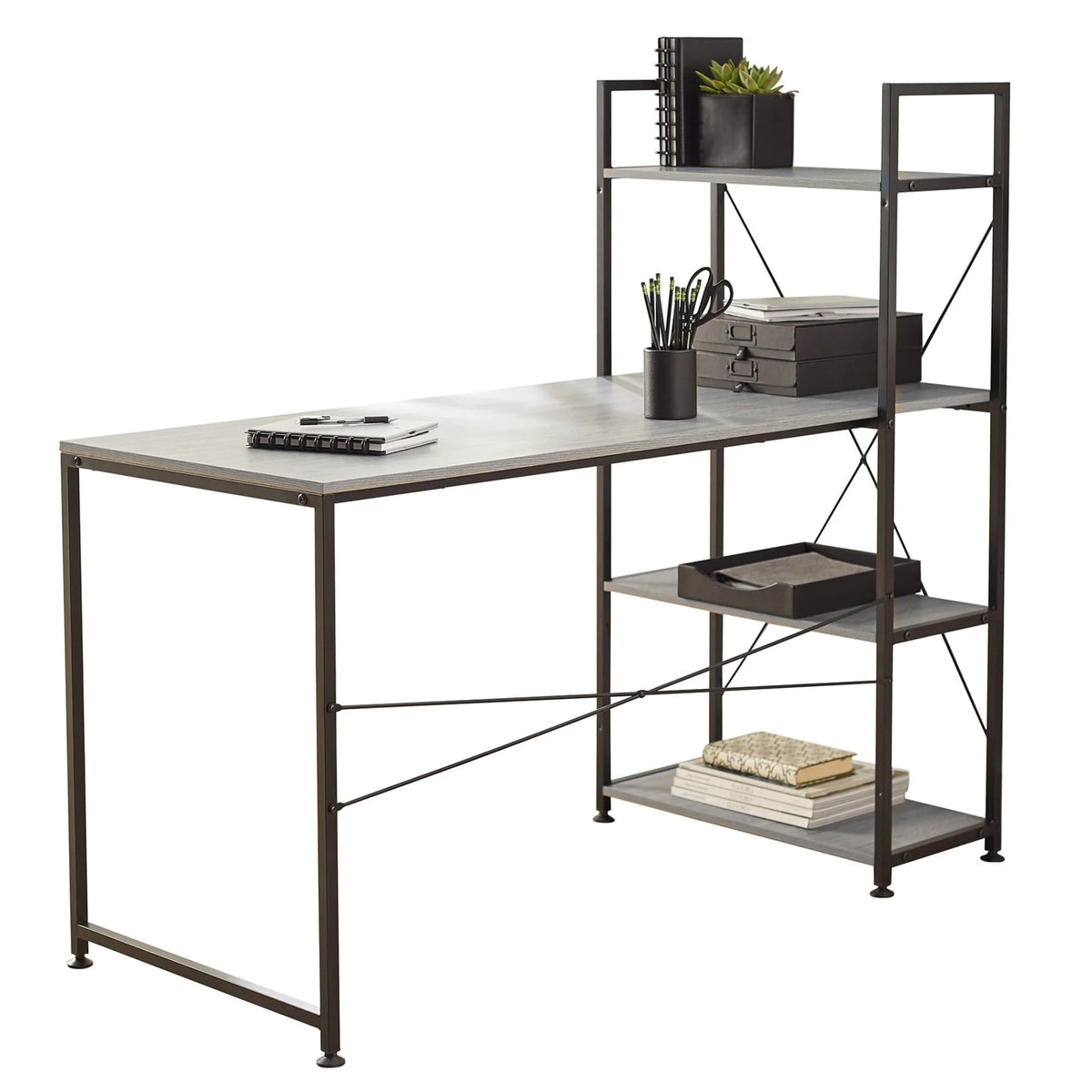 Gray Computer Desk With Storage Shelves D906