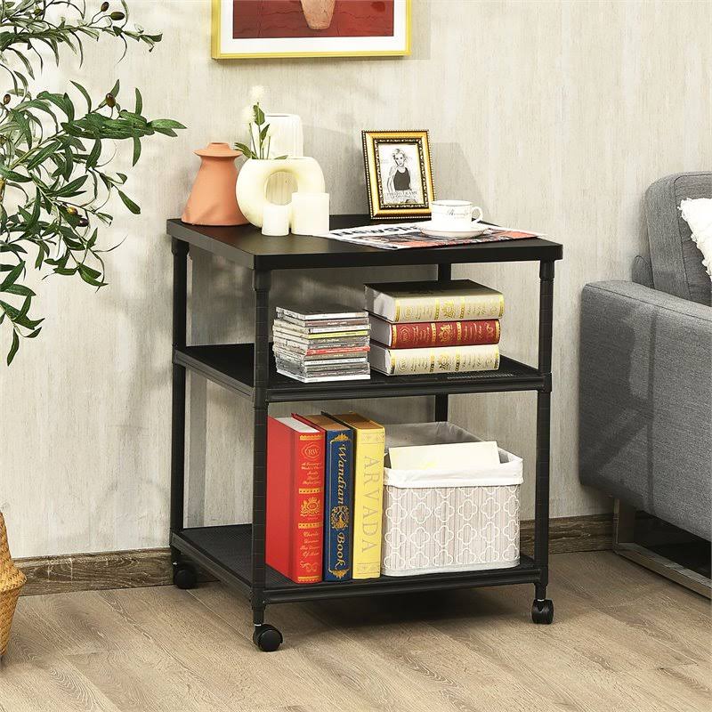 3-Tier Printer Stand Rolling Cart with Adjustable Shelf and Swivel Wheel Black J32998