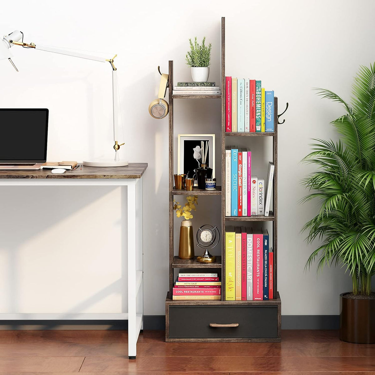 Rustic Brown Wood Bookshelf with Drawer Q895