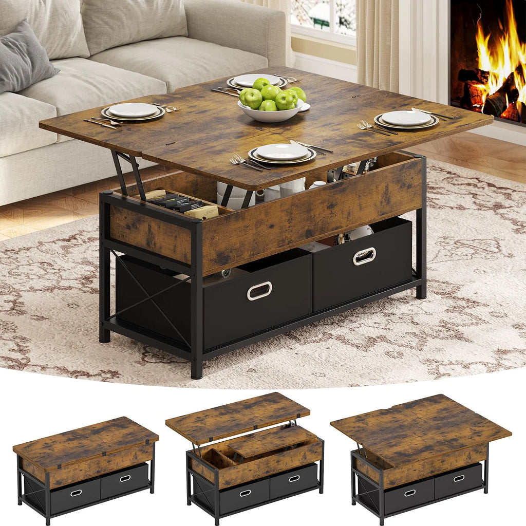 Rustic Brown Lift Top Coffee Table with Storage Drawers W438