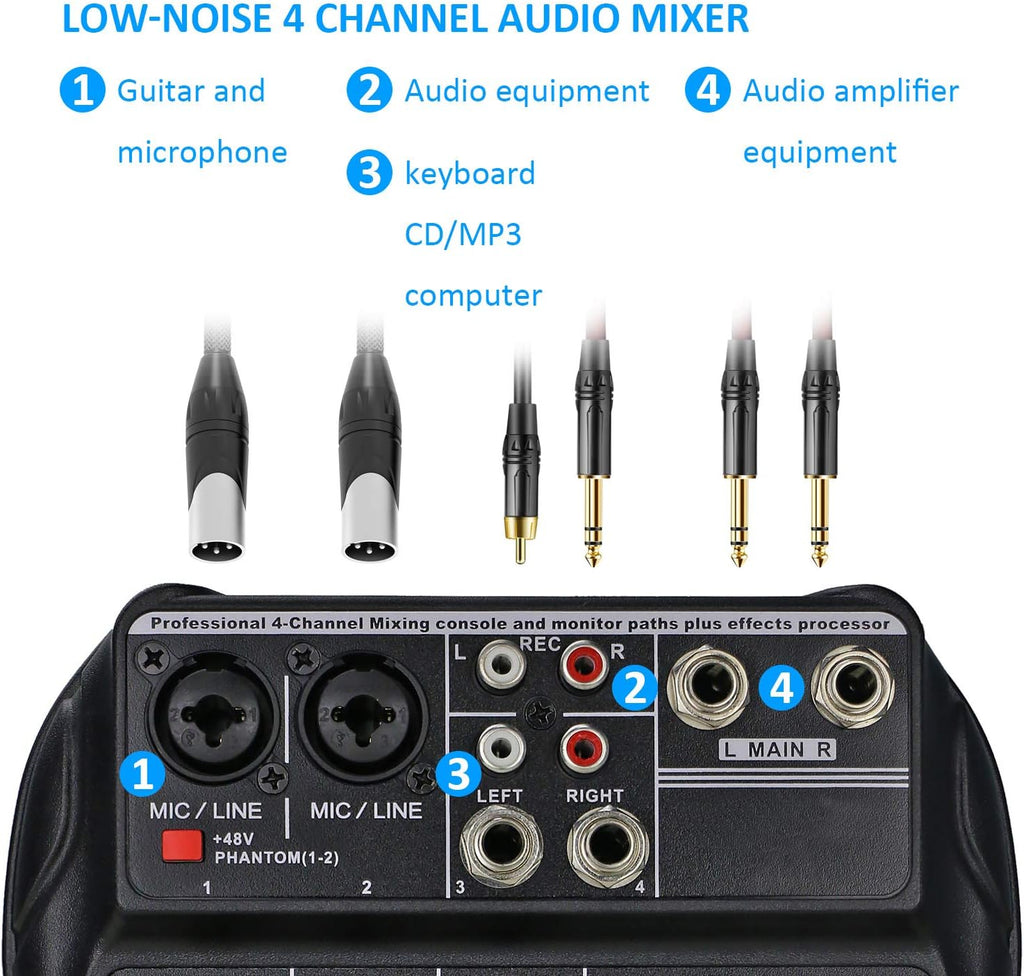 4 Channels Audio Mixer with Sound Card and 48V Phantom Power J204
