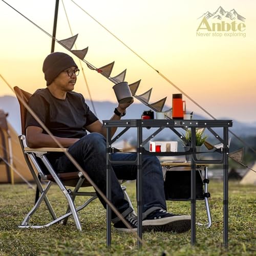 Folding Camping Table with Storage Net, Pure Black Aluminum 2ft Picnic Table 23.2" x 16" Outdoor Table Adjustable Height Max 26.4", Lightweight, Waterproof, Portable Handle for Travel Cooking D501909