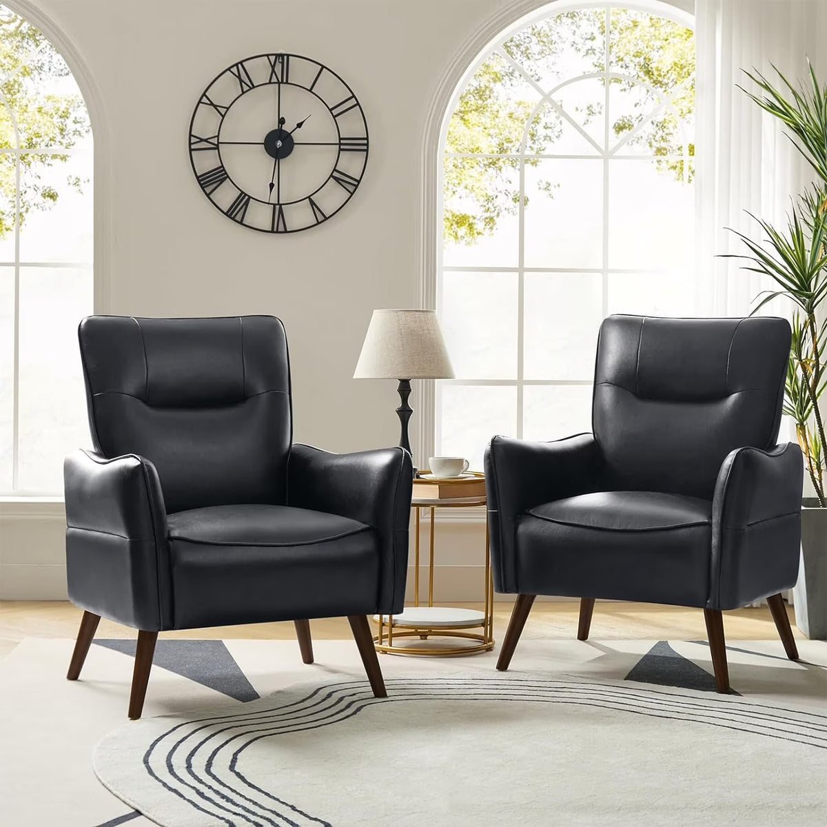 Black Faux Leather Armchairs Set Of 2 With Wooden Legs I39875