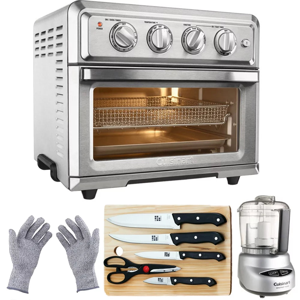 Silver Convection Toaster Oven Air Fryer with Mini Food Processor, 5-Pieces Knife Set, Cutting Board and Safety Gloves O969