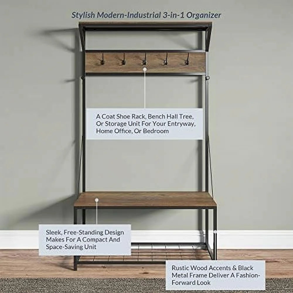 Industrial Bench Hall Tree Shoe Rack Hat and Coat Stand with Black Metal Frame S595170