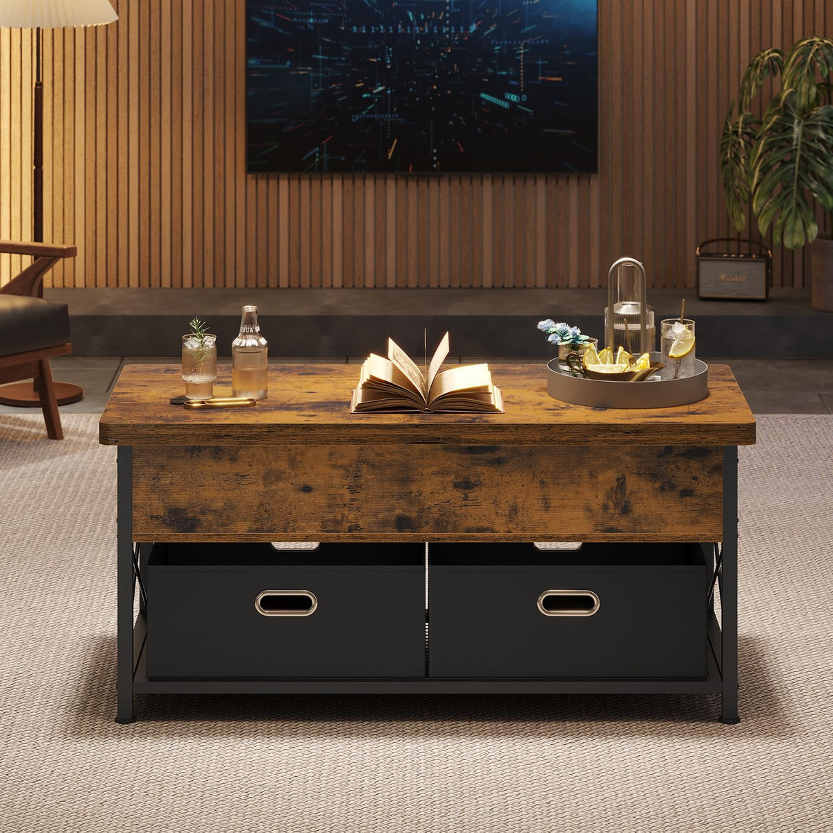Rustic Brown Lift Top Coffee Table with Storage Drawers W438