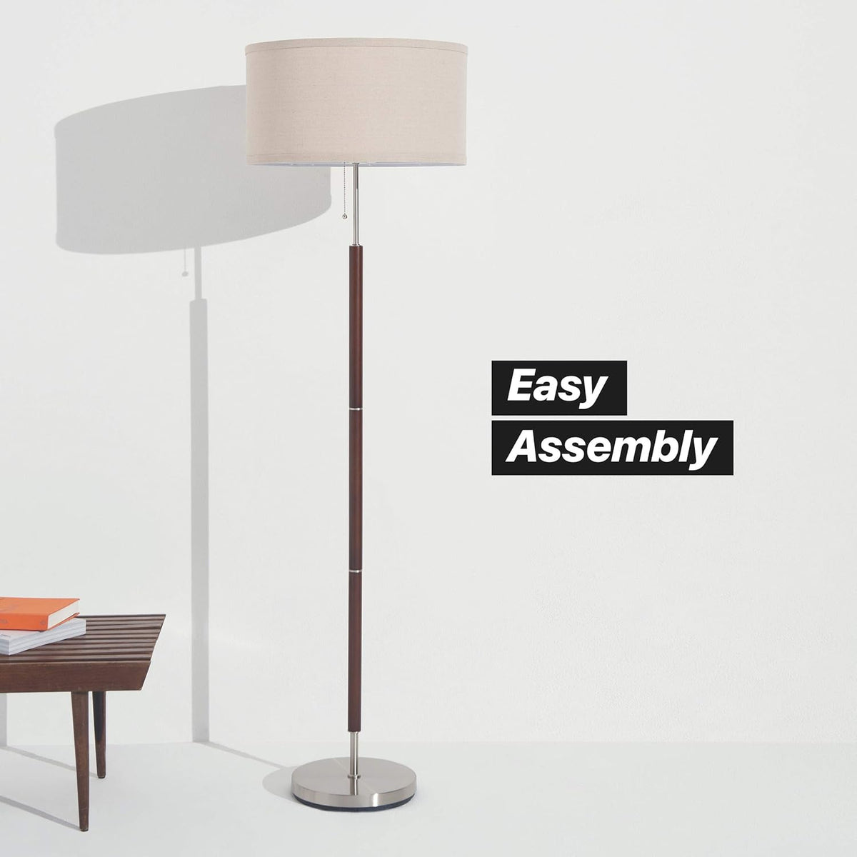 Floor Lamp with Drum Shade and Walnut Wood Finish Q30945