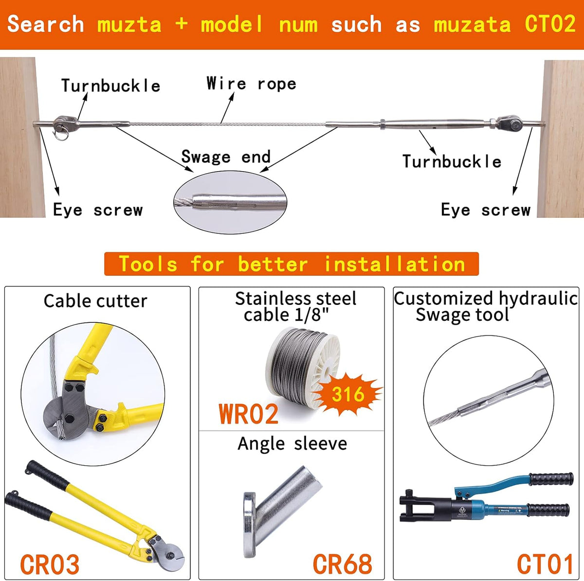 20 Set Cable Railing Kit 1/8 Swage Toggle Turnbuckle Hardware T316 Stainless Steel U74564