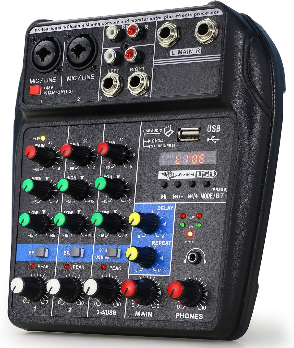 4 Channels Audio Mixer with Sound Card and 48V Phantom Power J204