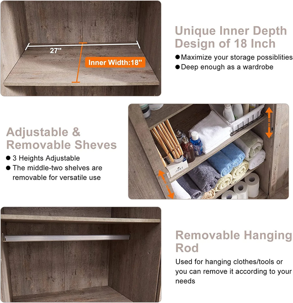 Light Rustic Oak Kitchen Pantry Storage Cabinet with Barn Door and Hanging Rod M74980