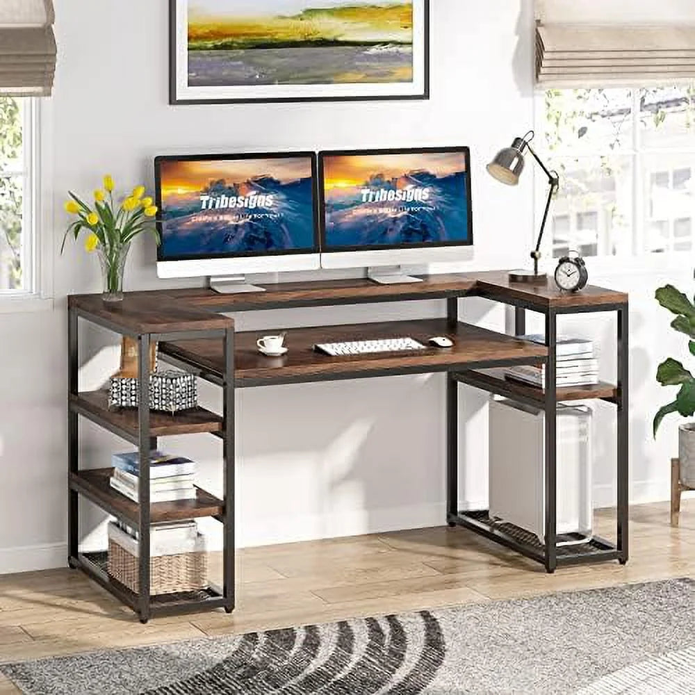 Brown Computer Desk with Monitor Shelf and CPU Stand N825