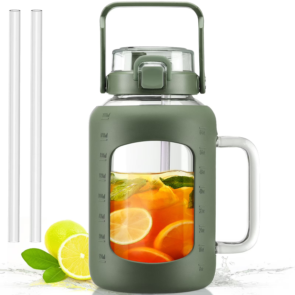 64oz Glass Water Bottle with Straw and Handle X82621