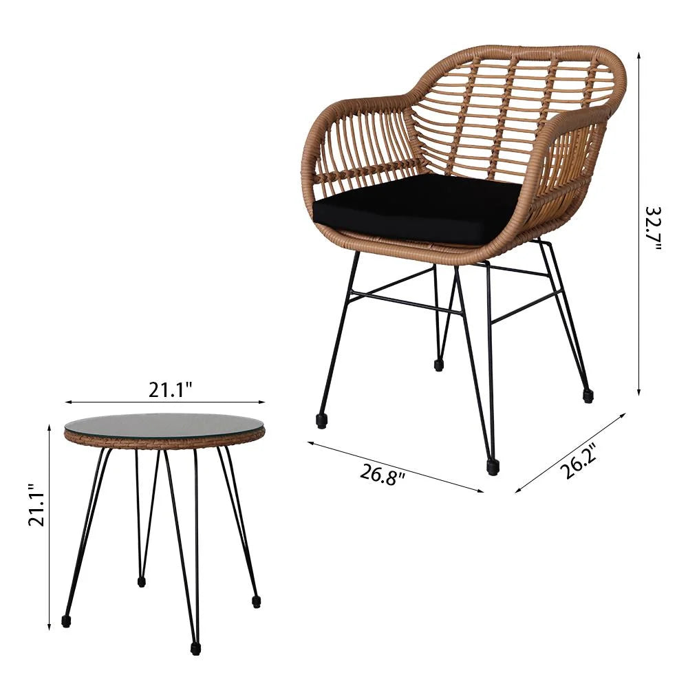 3 Pieces Wicker Rattan Patio Conversation Set with Tempered Glass Table Y10154