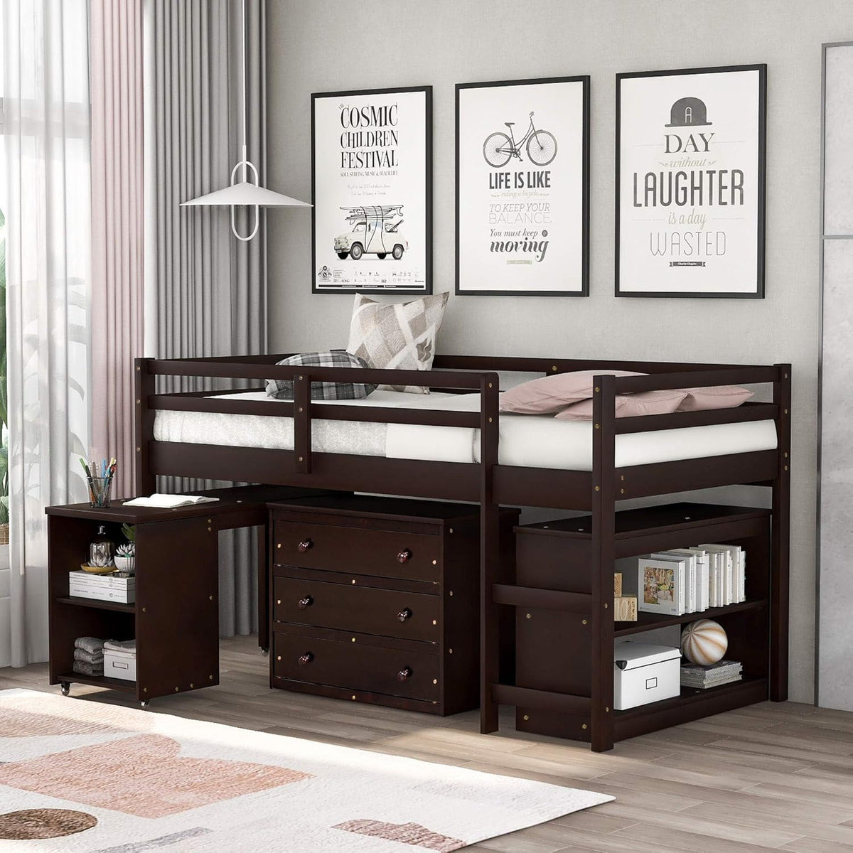 Twin Loft Bed with Cabinet, Storage Drawers, Rolling Desk & Bookcase C4689