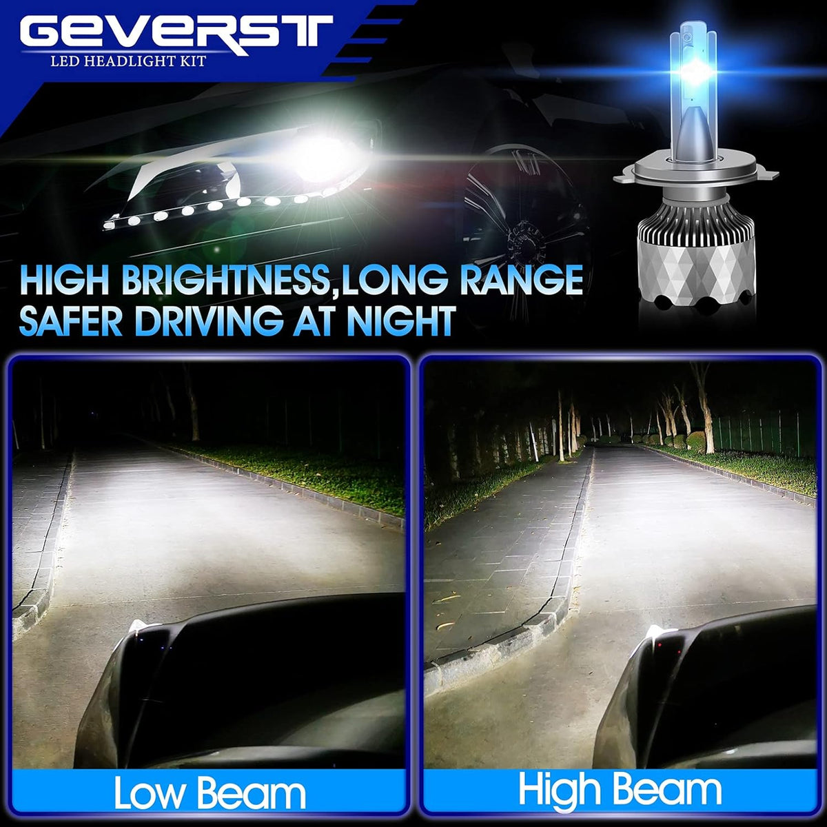 100W H4/9003 LED Headlight Bulbs 6000K Cool White IP68 Waterproof Conversion Kit, Pack of 2 L5343