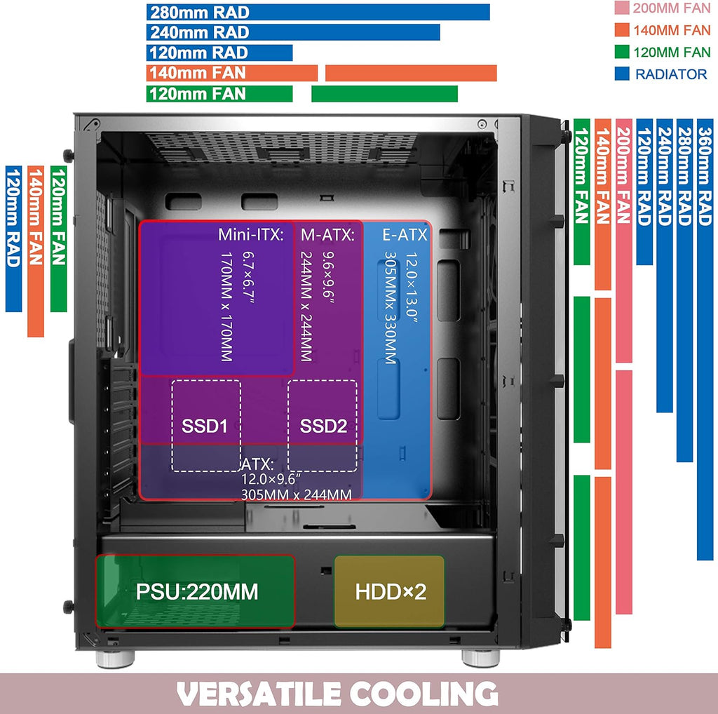 ATX Mid Tower Computer Case with Tempered Glass T698134