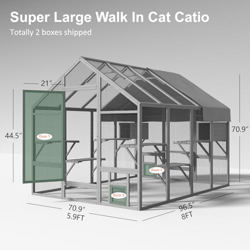 Large Catio Outdoor Cat Enclosure with 7 Platforms, 2 Resting Box and 2 Bridges, 71 x 71 x 97 inch Y9663