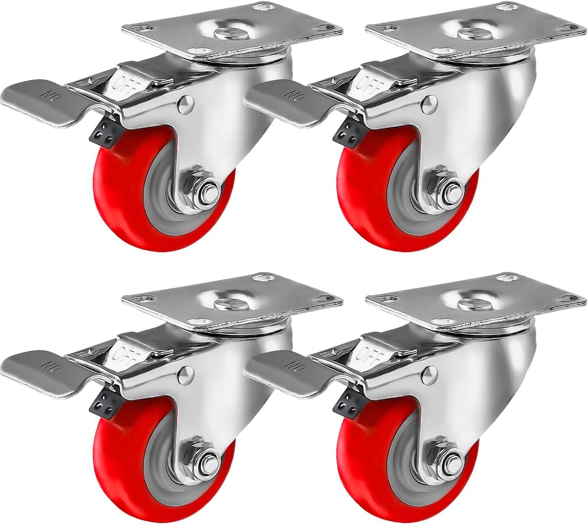 4 Pcs 5 Inch Red Polyurethane Swivel Plate Caster Wheels W658191