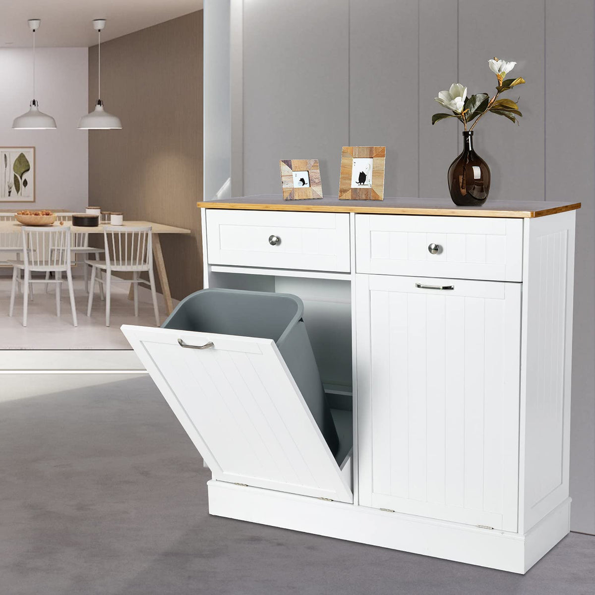 Double Tilt Out Trash Cabinet with Two Wood Drawers, Gray O945141