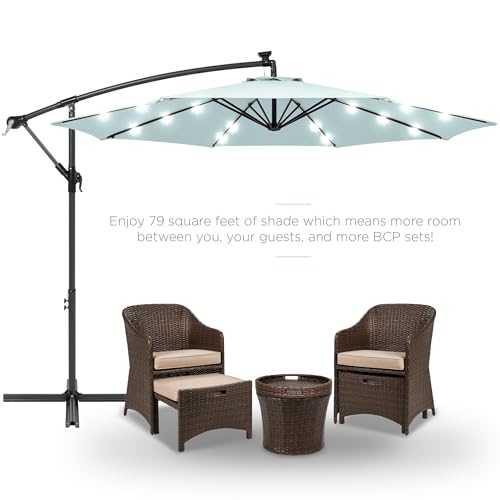10ft Solar LED Offset Hanging Patio Umbrella with Easy Tilt Adjustment, Polyester Shade, 8 Ribs - Black U544