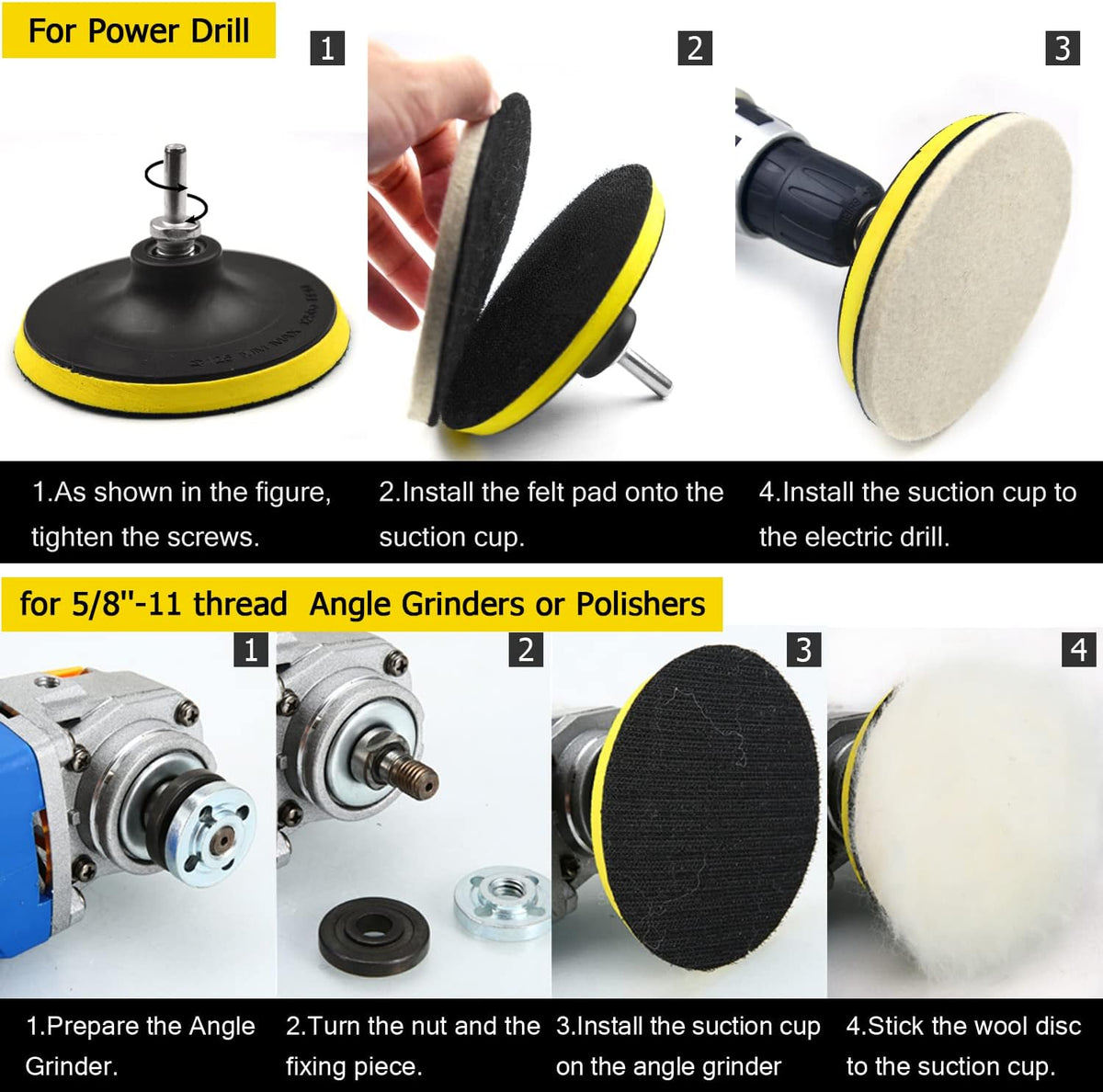 6 Inch 8PCS Wool Buffing Pads Kit with 5/8''-11 Thread Hook & Loop Backer Plate S110585
