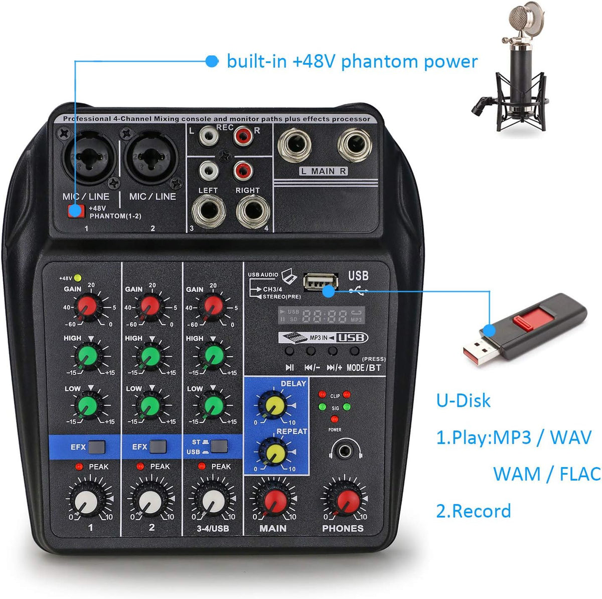 4 Channels Audio Mixer with Sound Card and 48V Phantom Power J204