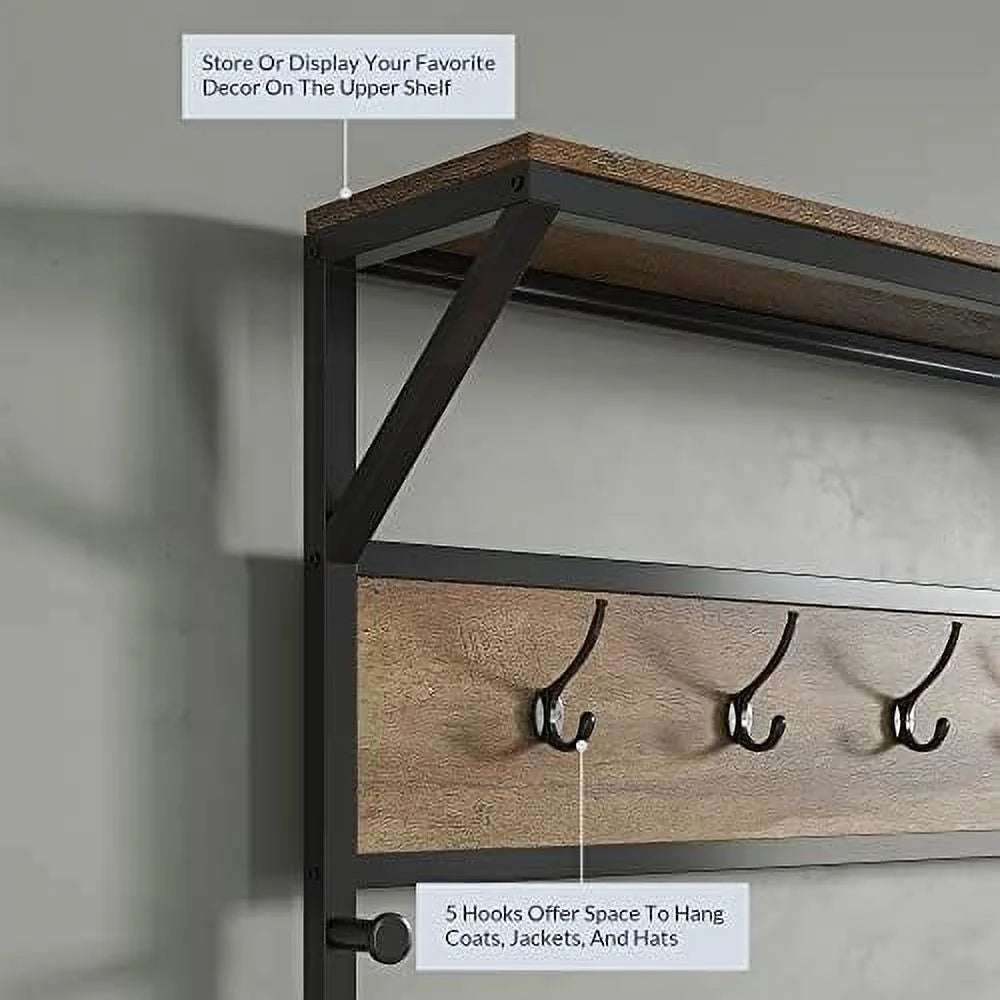Industrial Bench Hall Tree Shoe Rack Hat and Coat Stand with Black Metal Frame S595170