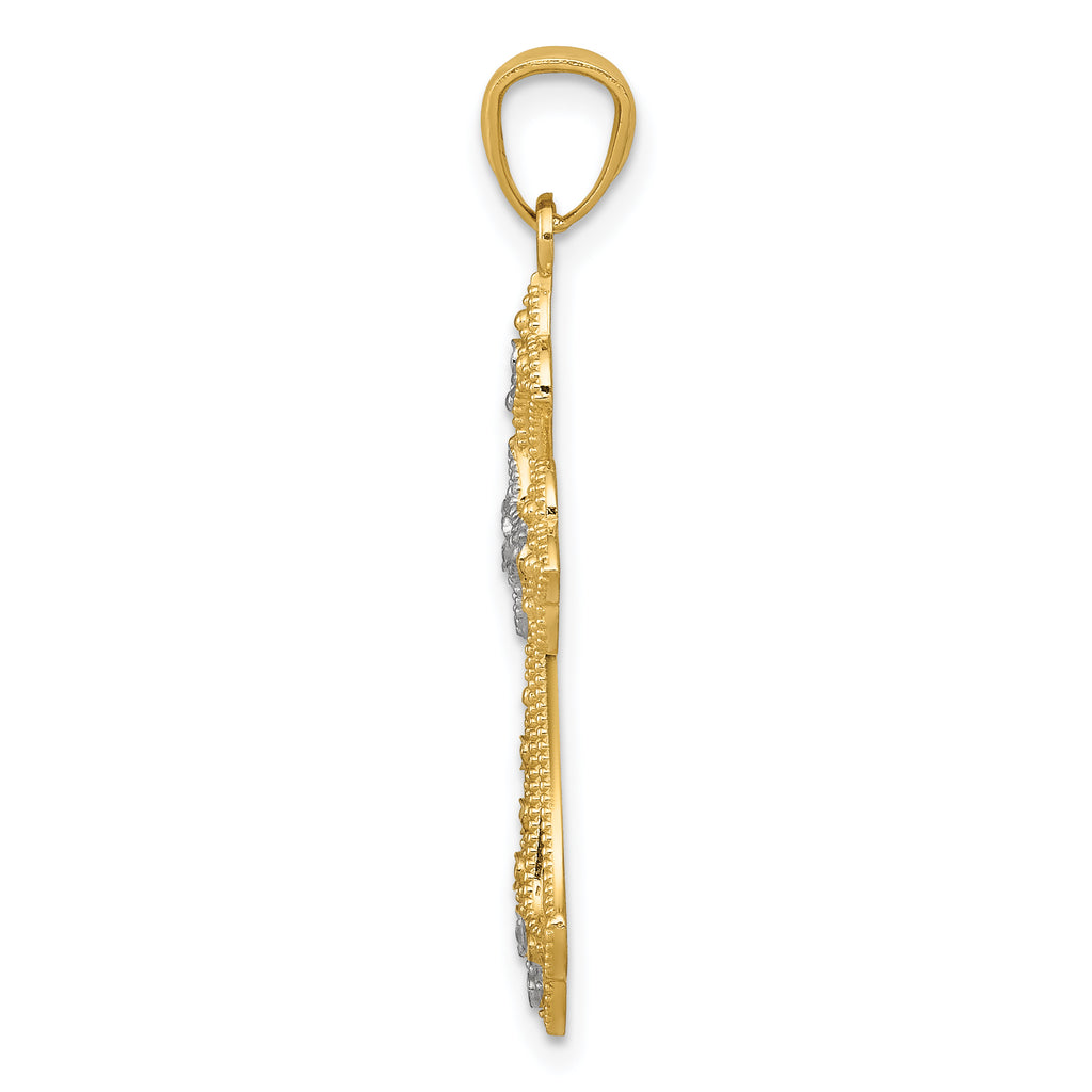 14K Two-Tone Gold Rhodium Plating Diamond-Cut Cross Pendant on 18 Inch Gold Rope Chain Necklace K63510