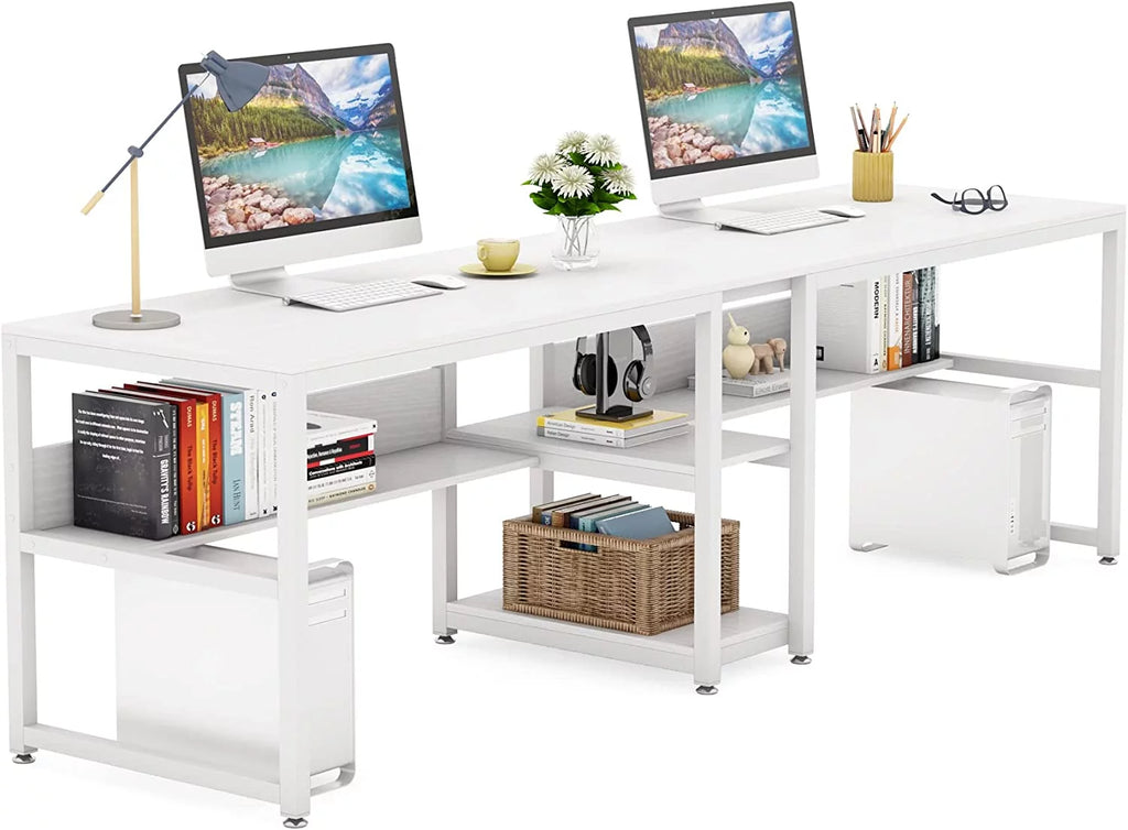 White Double Computer Office Desk with Storage Shelf R869