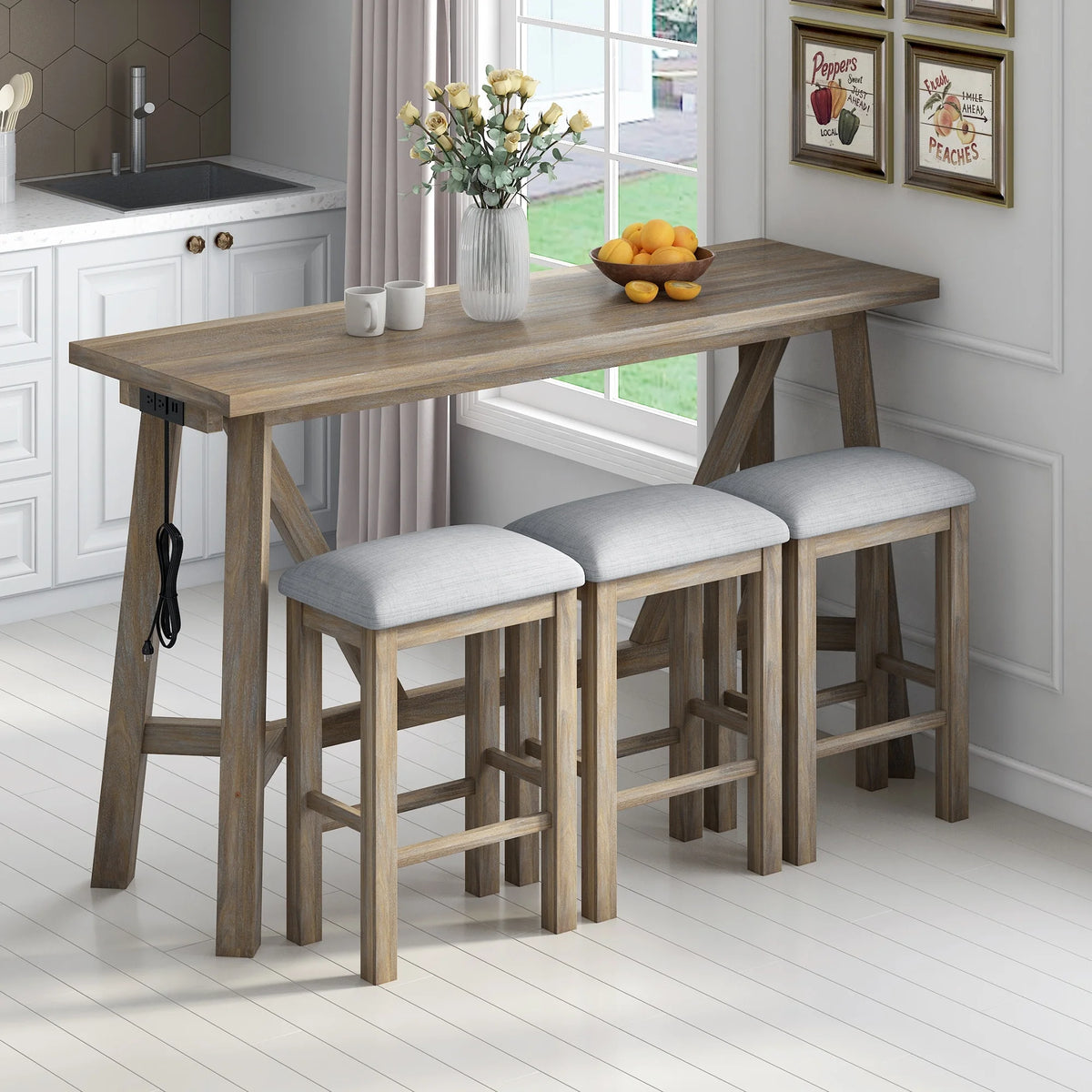 Natural Wood Wash Kitchen Bar Table Set with Upholstered Stools B44347