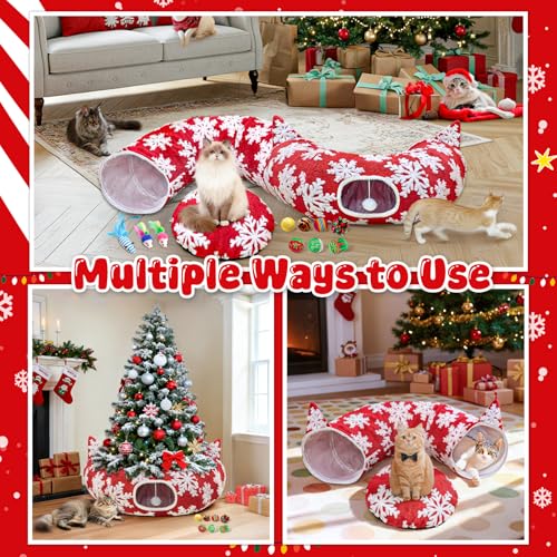 Red Snowflake Cat Tunnel with Washable Mat & 11Pcs Cat Toys V44854