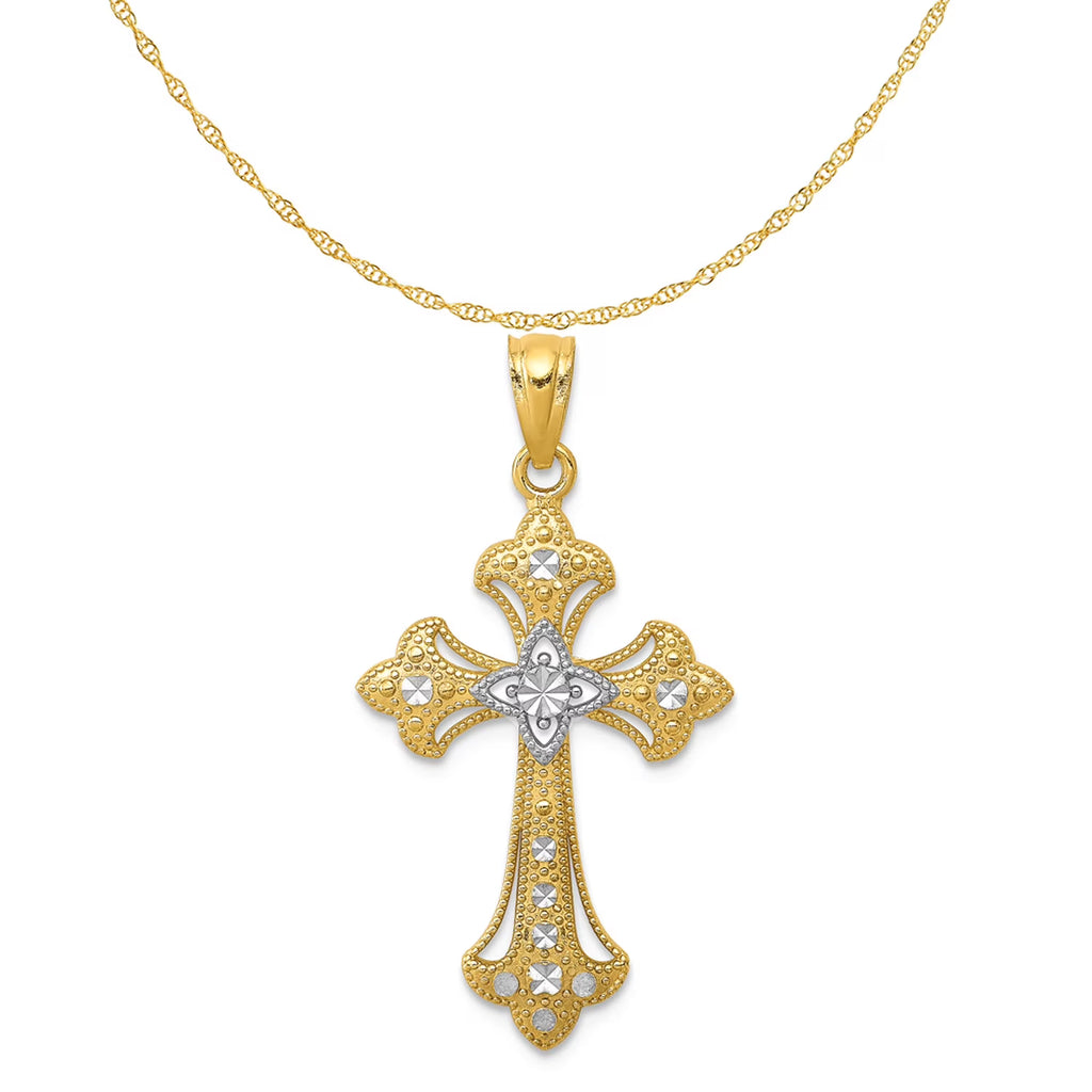 14K Two-Tone Gold Rhodium Plating Diamond-Cut Cross Pendant on 18 Inch Gold Rope Chain Necklace K63510