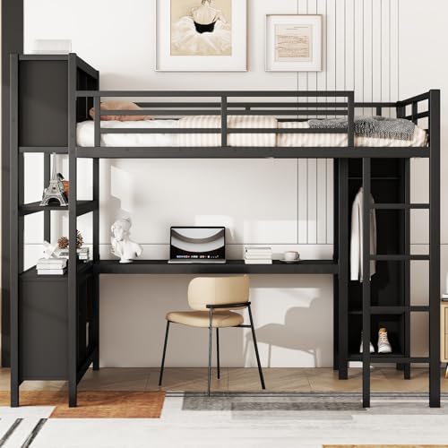Metal Full Size Loft Bed Frame with L Shaped Desk, Wardrobe, Stairs, Storage J5037