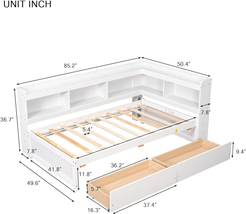 White Twin Size Wooden Bookcase Bed with Storage Drawers G68131