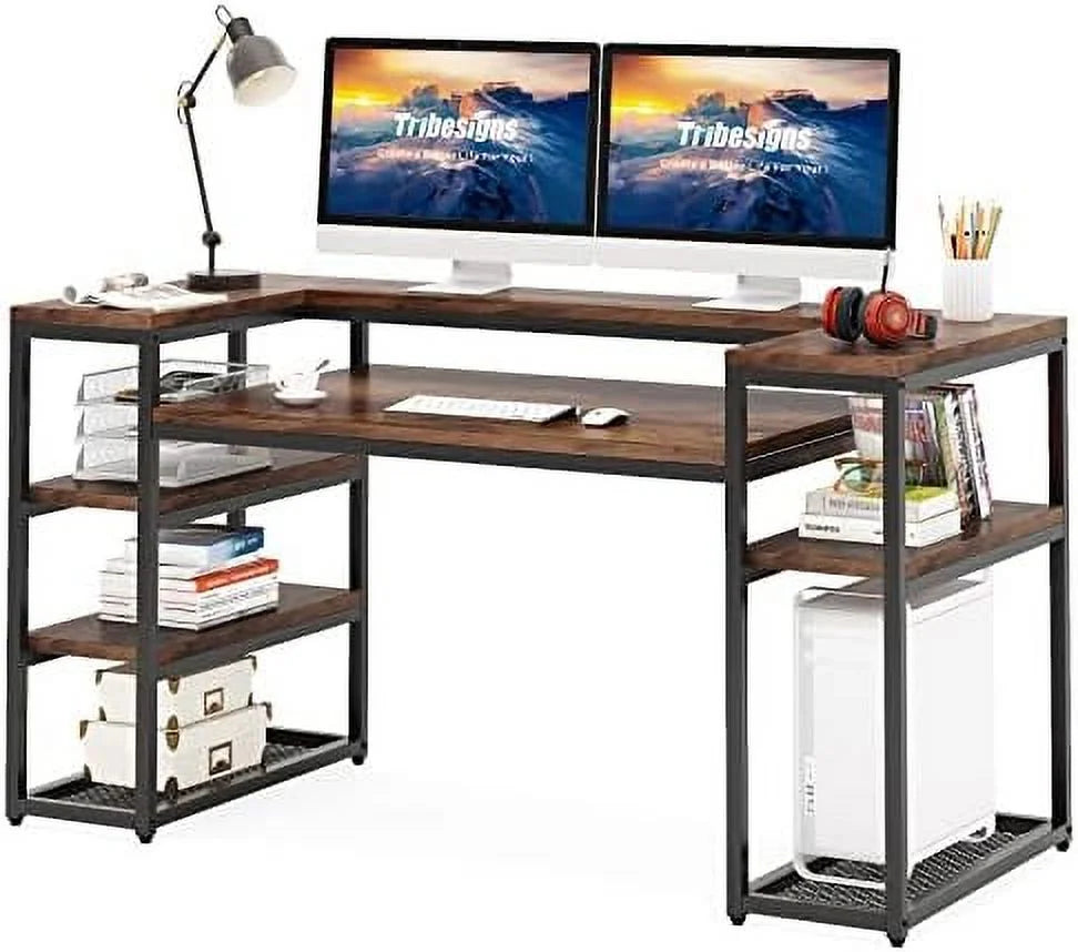 Brown Computer Desk with Monitor Shelf and CPU Stand N825